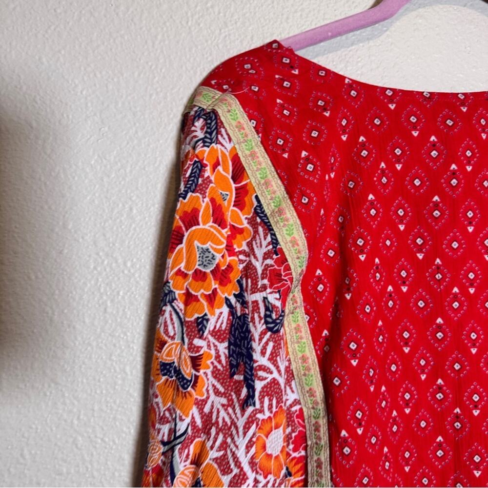 Cynthia Rowley Red Gold Floral Boho Blouse Womens 1X Fall Peasant Flowy Shirt - Picture 3 of 13